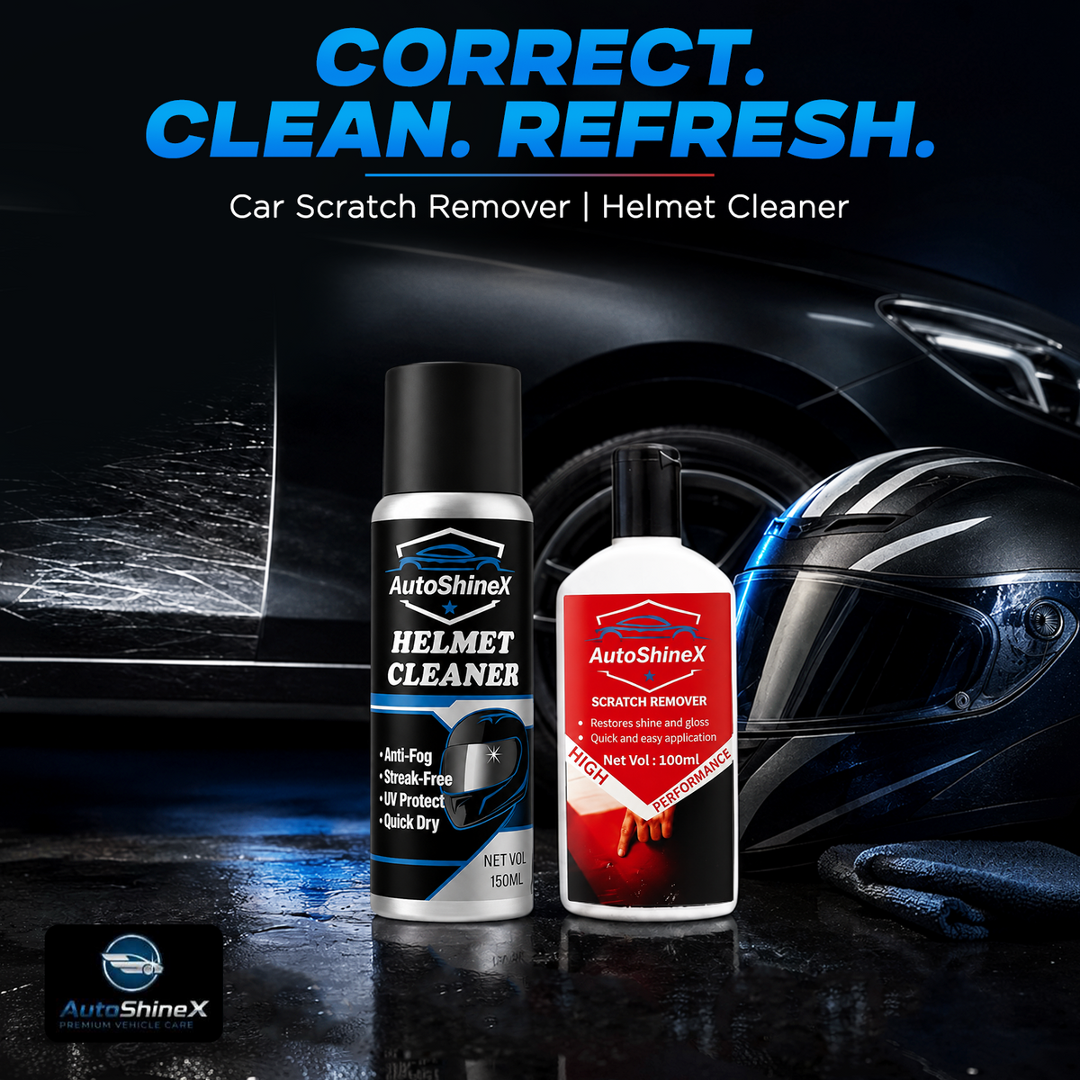 AutoShineX Scratch Remover + Helmet Cleaner Combo