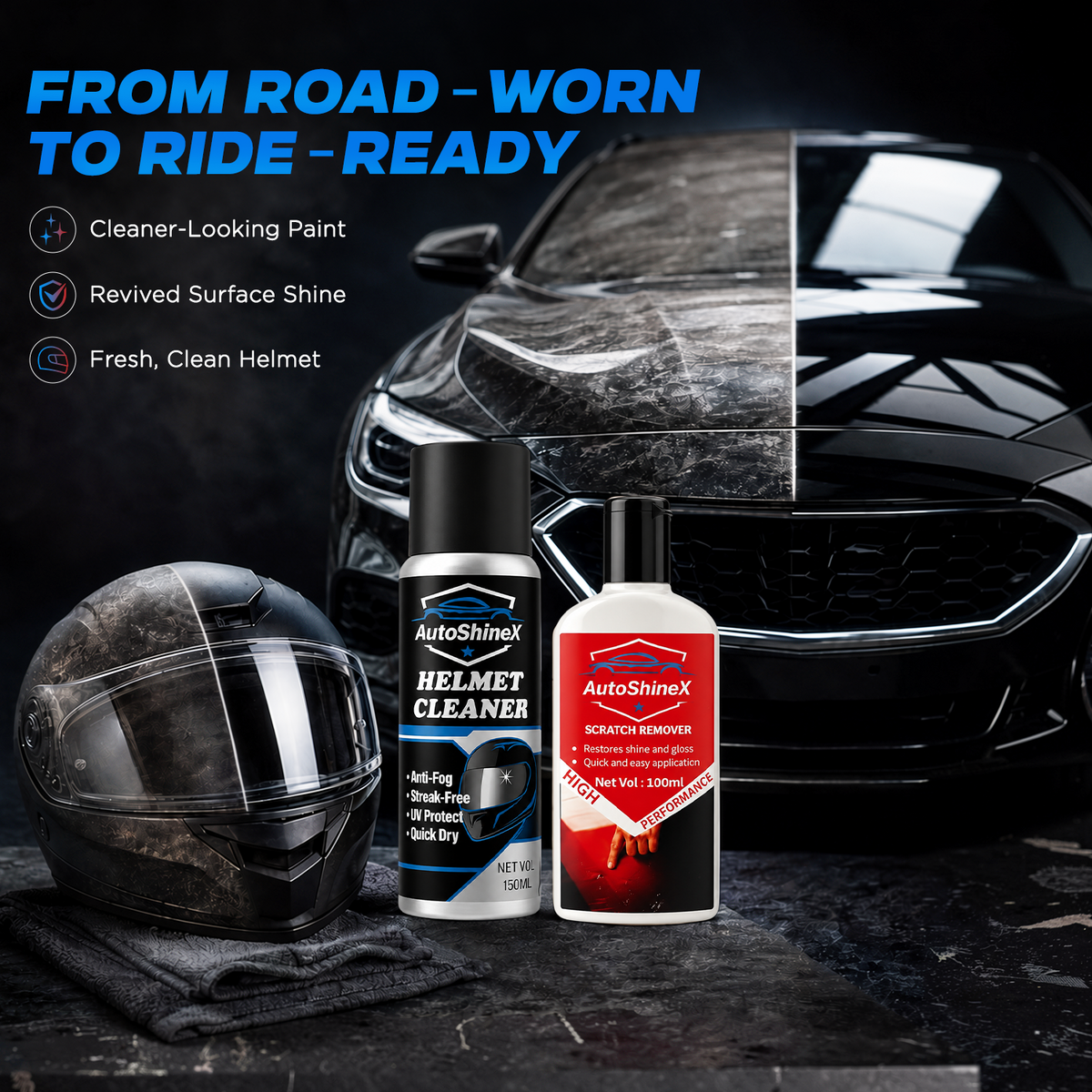 AutoShineX Scratch Remover + Helmet Cleaner Combo
