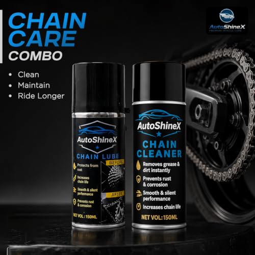 Two AutoShineX chain care products, Chain Lube and Chain Cleaner, displayed side-by-side on a dark reflective surface with a blurred bicycle chain and cassette in the background. The left product is a black can of Chain Lube with a yellow accent, and the right product is a black can of Chain Cleaner with blue and yellow accents.