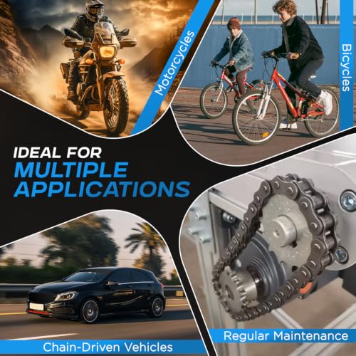 Promotional graphic for chain-driven vehicles and bicycles, showing a motorcycle, two bicycles, a black car, and a close-up of a chain drive system. Text reads 'IDEAL FOR MULTIPLE APPLICATIONS,' 'Motorcycles,' 'Bicycles,' and 'Chain-Driven Vehicles.