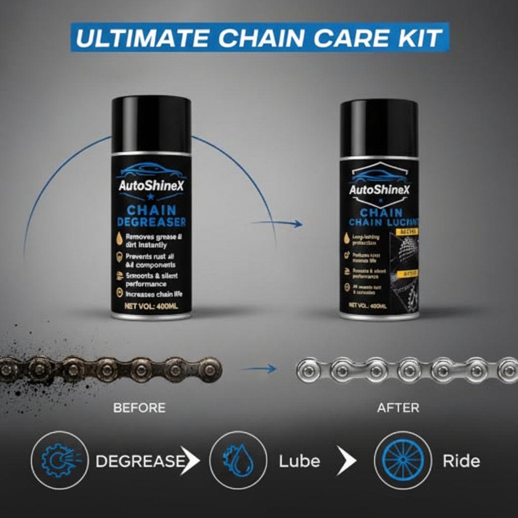 AutoShineX chain care routine product graphic showing a can of chain cleaner on the left and a can of chain lube on the right, with a chain running through both. The top reads 'SIMPLE CHAIN CARE ROUTINE' and the bottom shows icons for Clean, Lube, and Ride.
