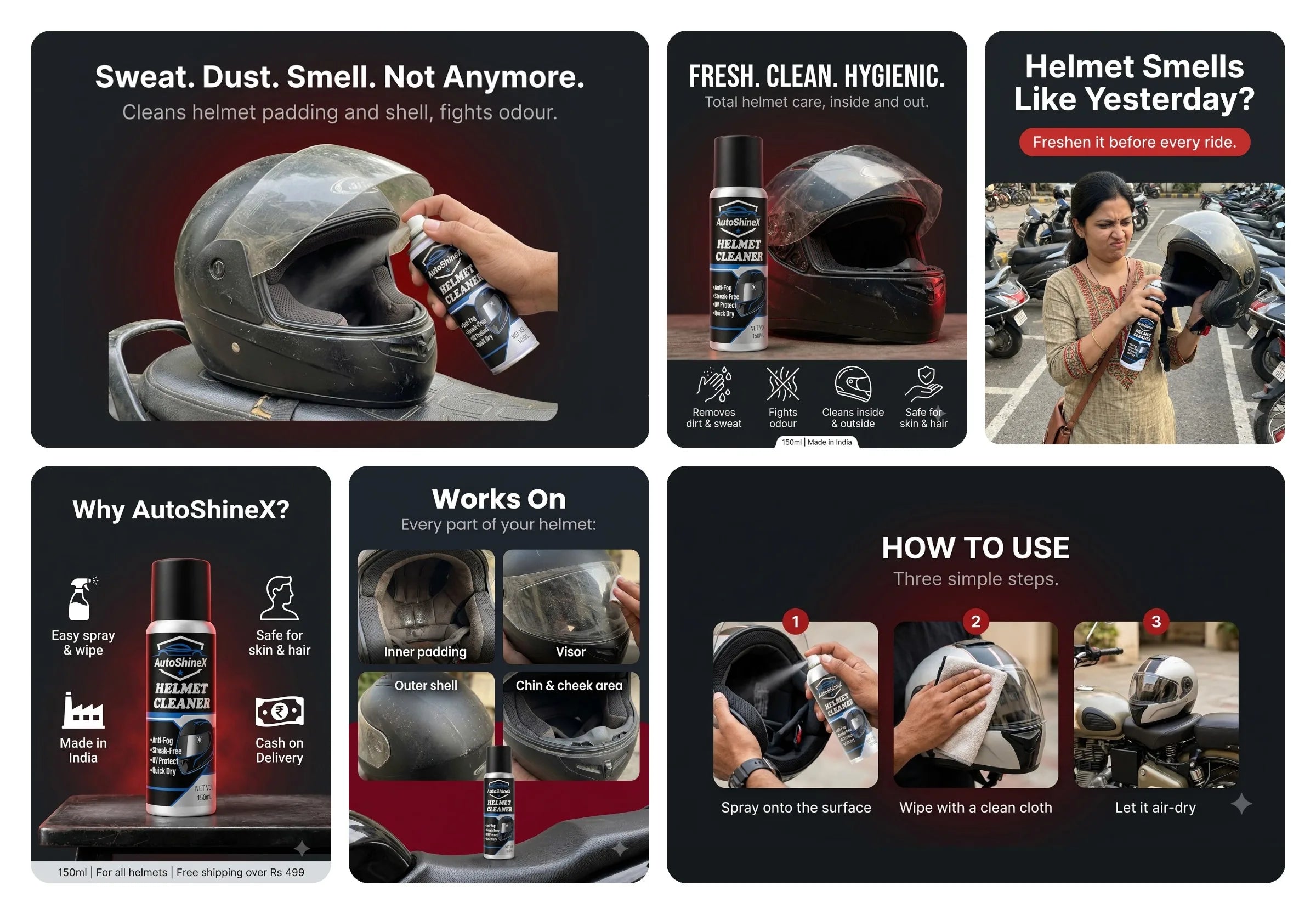 AutoShineX Helmet Cleaner (150ml) — what it does, where it works, and how to use it in three steps