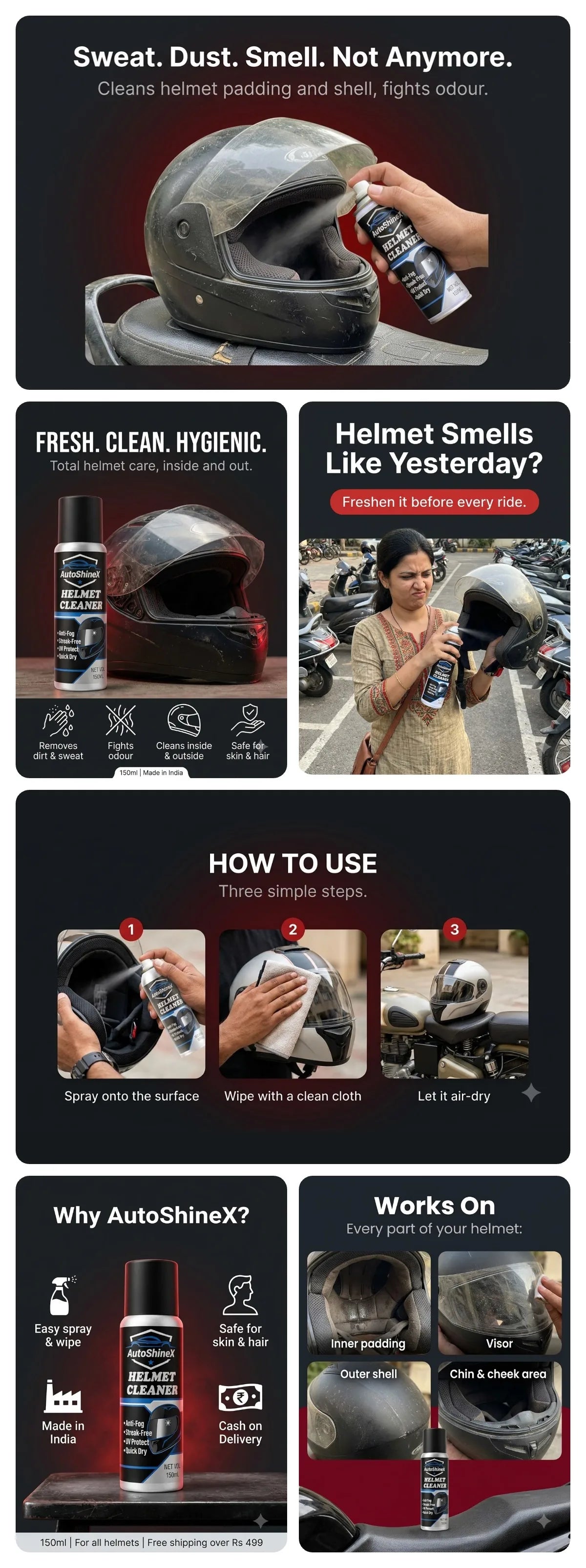 AutoShineX Helmet Cleaner (150ml) — what it does, where it works, and how to use it in three steps